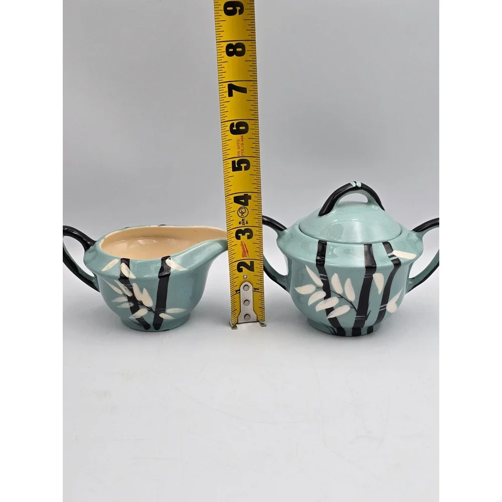 Weil Ware Bamboo Creamer Sugar Bowl Set Blue Turquoise MCM Fair Crazing